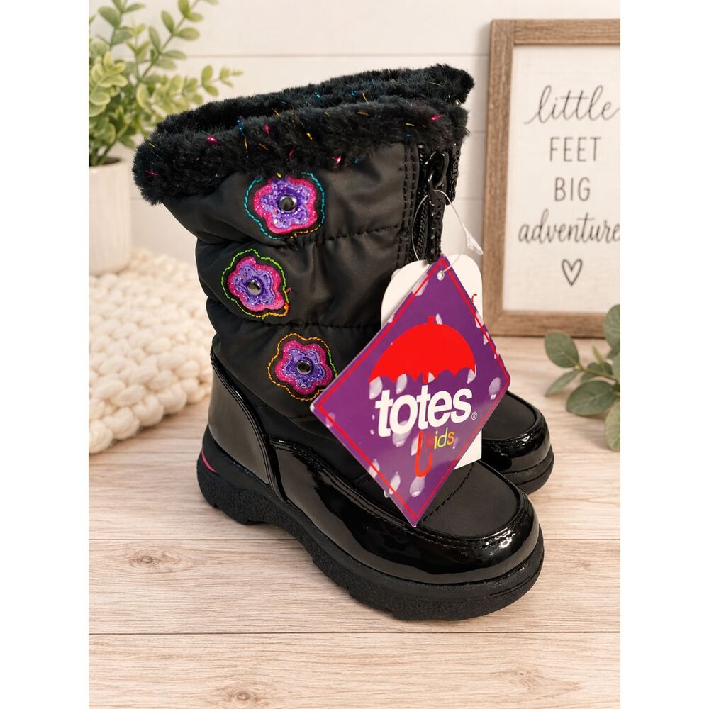 NEW! Totes Kids Toddler Girls Winter Boots Size 7M Black Faux Fur Lined Zipper